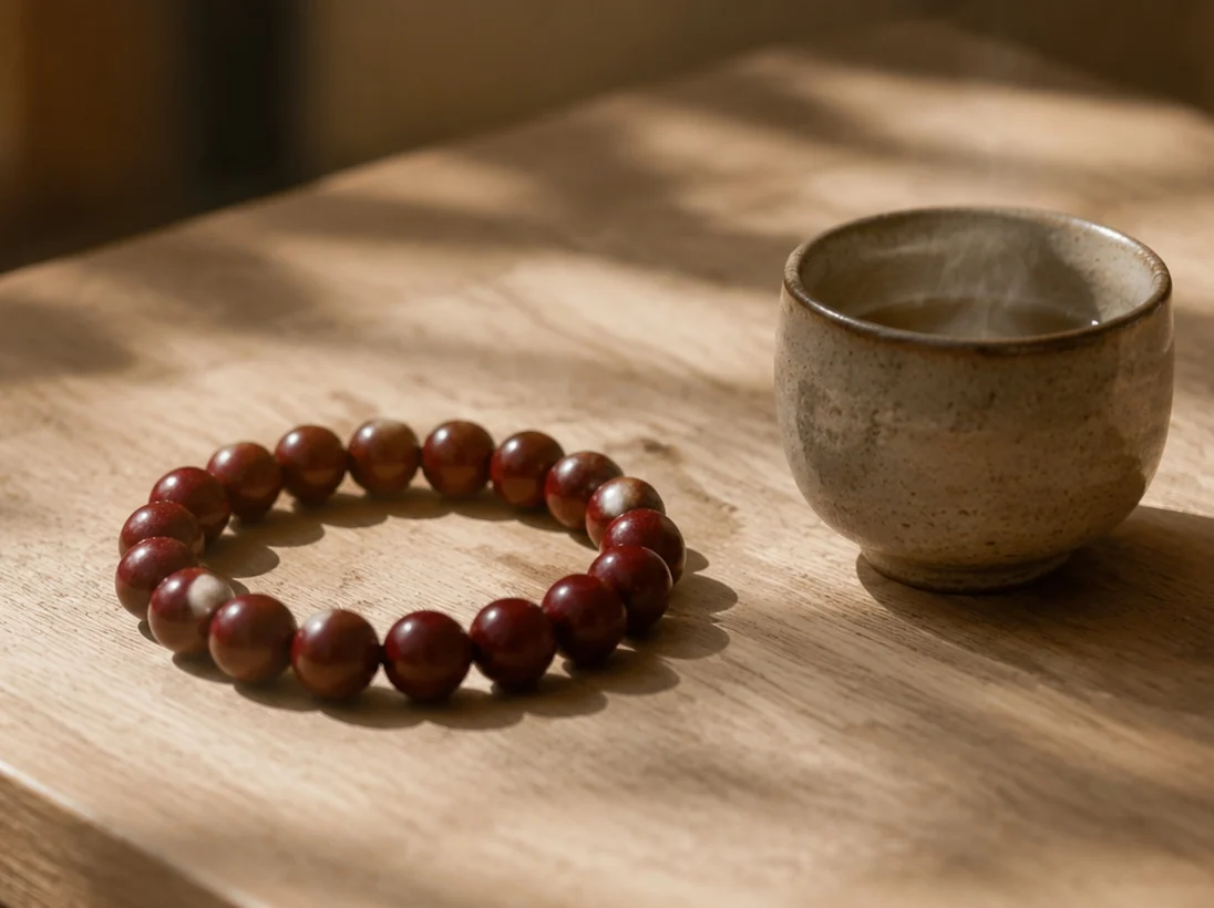 Alluring Musk red-brown aroma bracelet beside a ceramic cup in warm light