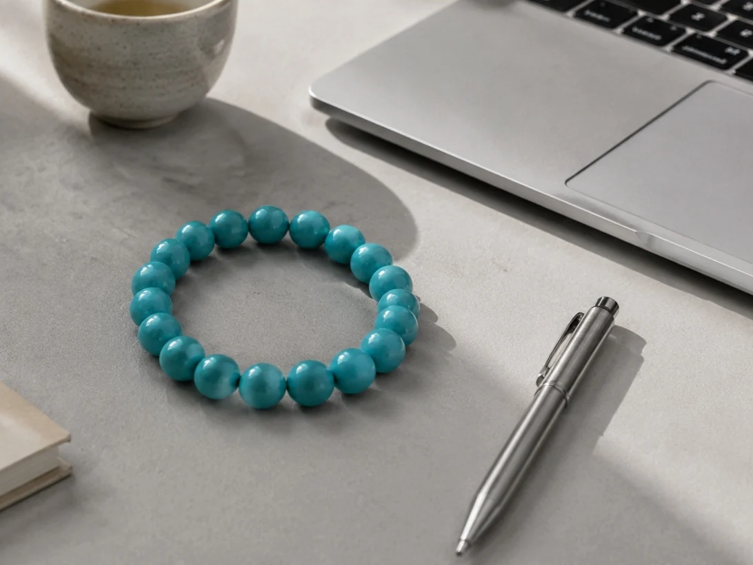Turquoise Terra Picta aroma bracelet beside a notebook and pen