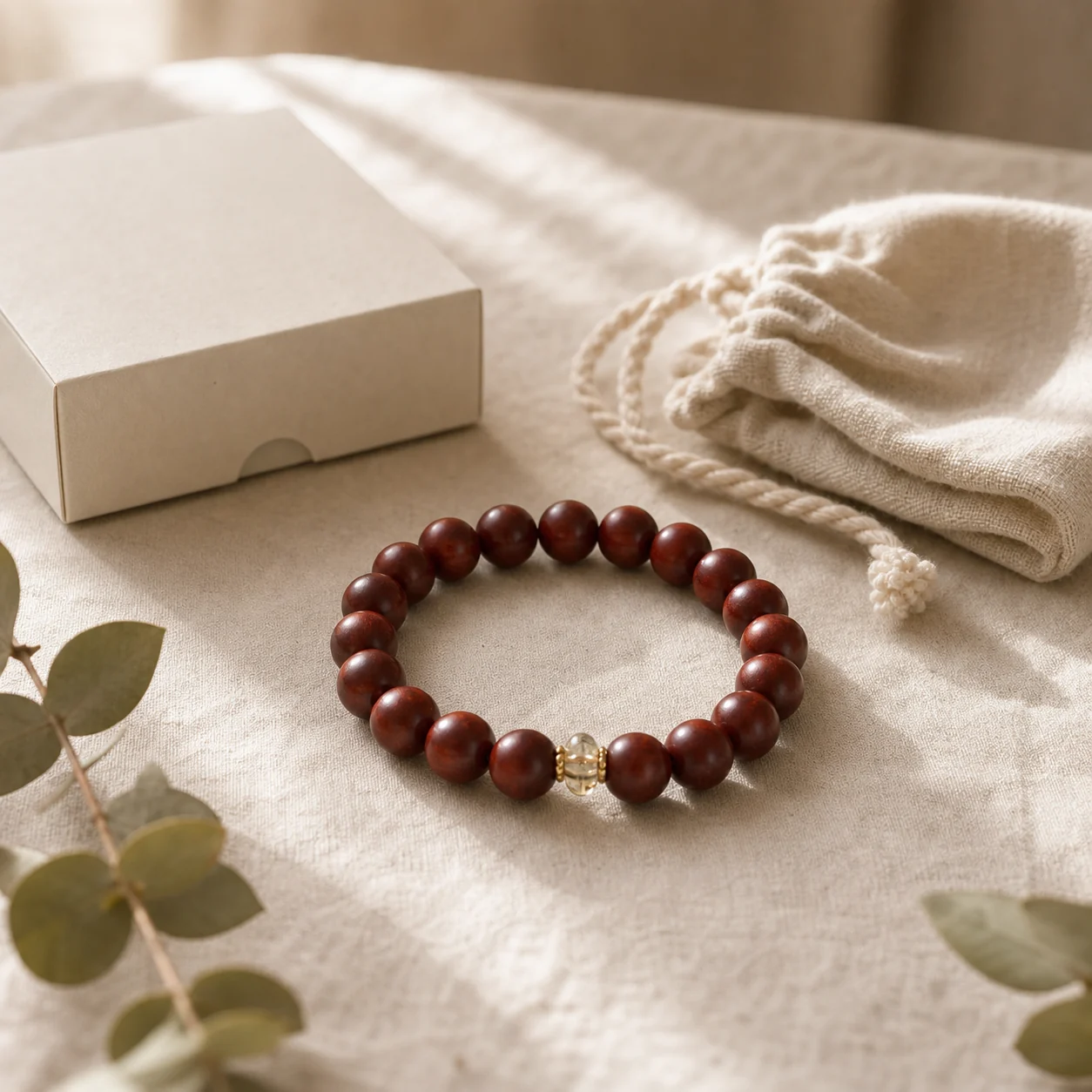 Seasonless Clarity red-brown aroma bracelet with linen pouch and gift box