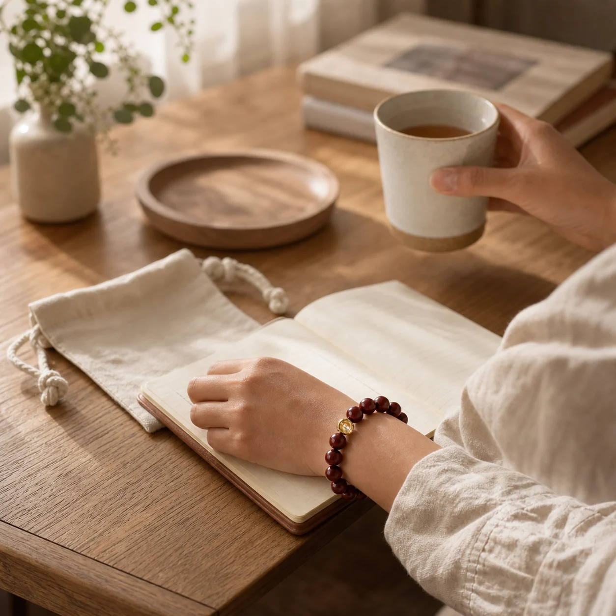 Seasonless Clarity red-brown aroma bracelet worn at a quiet desk