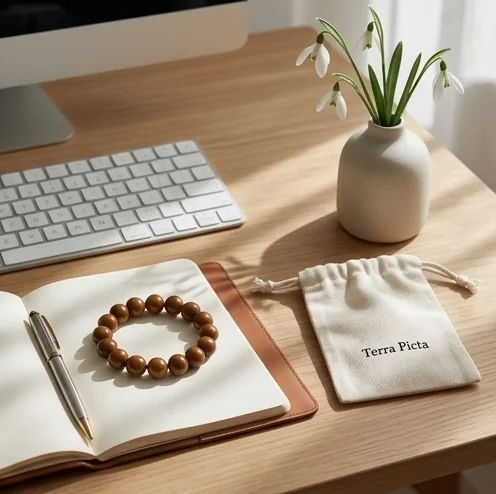 Aroma bracelet on desk with pouch