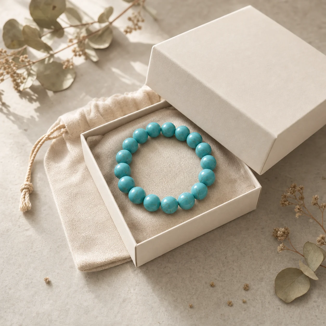 Turquoise Mist aroma bracelet in a white gift box with linen pouch