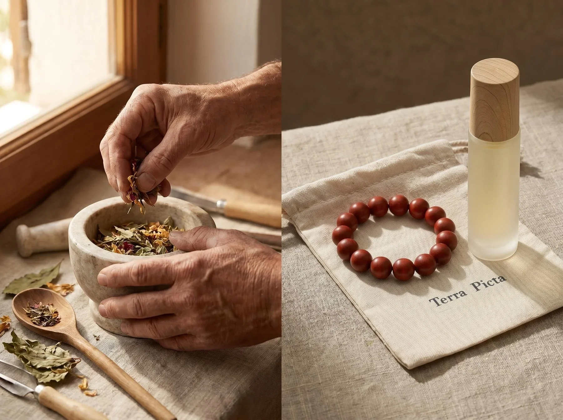 Terra Picta ritual scene with perfume, sachets, and bracelet