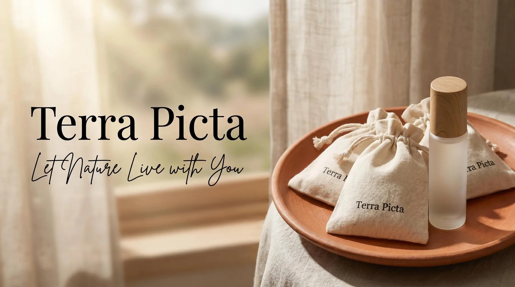 Terra Picta perfume oil, sachets, and bracelet arranged on a tray