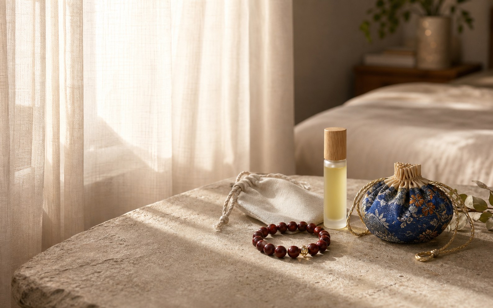 Terra Picta perfume oil, aroma bracelet, sachet, and linen pouch arranged in soft morning light