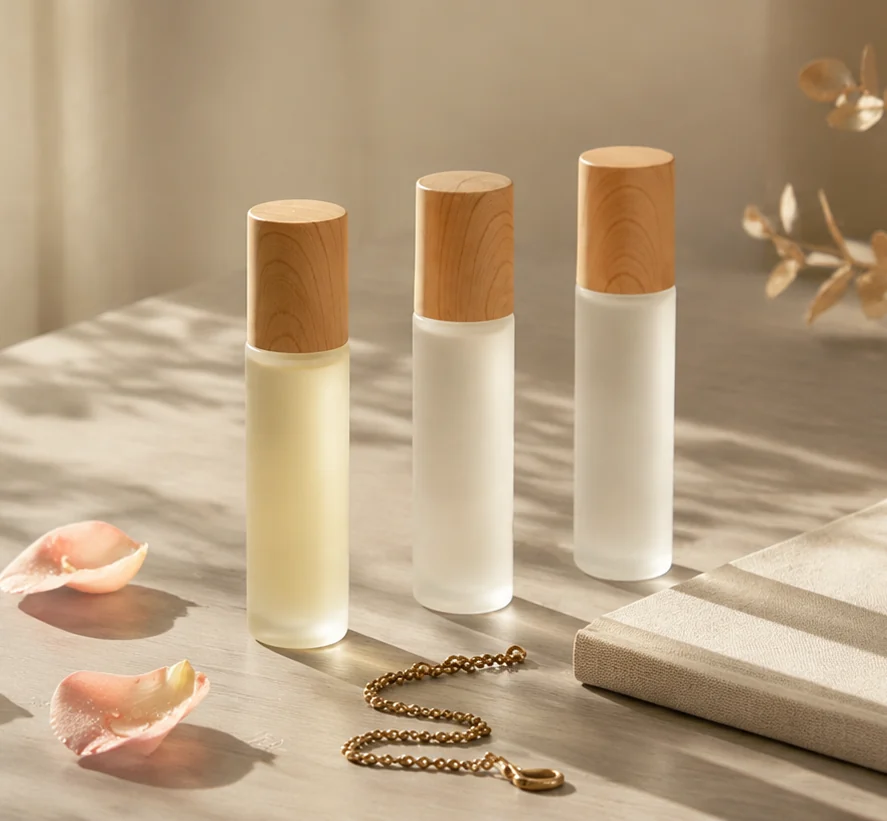 Three Terra Picta roll-on perfume oils in warm window light