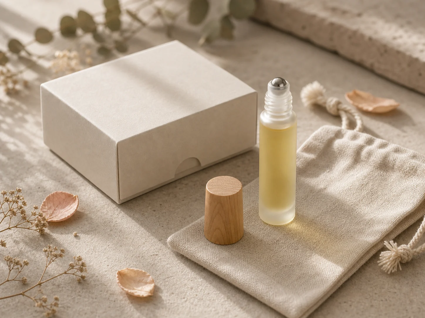 Terra Picta perfume oil packaging and linen pouch detail