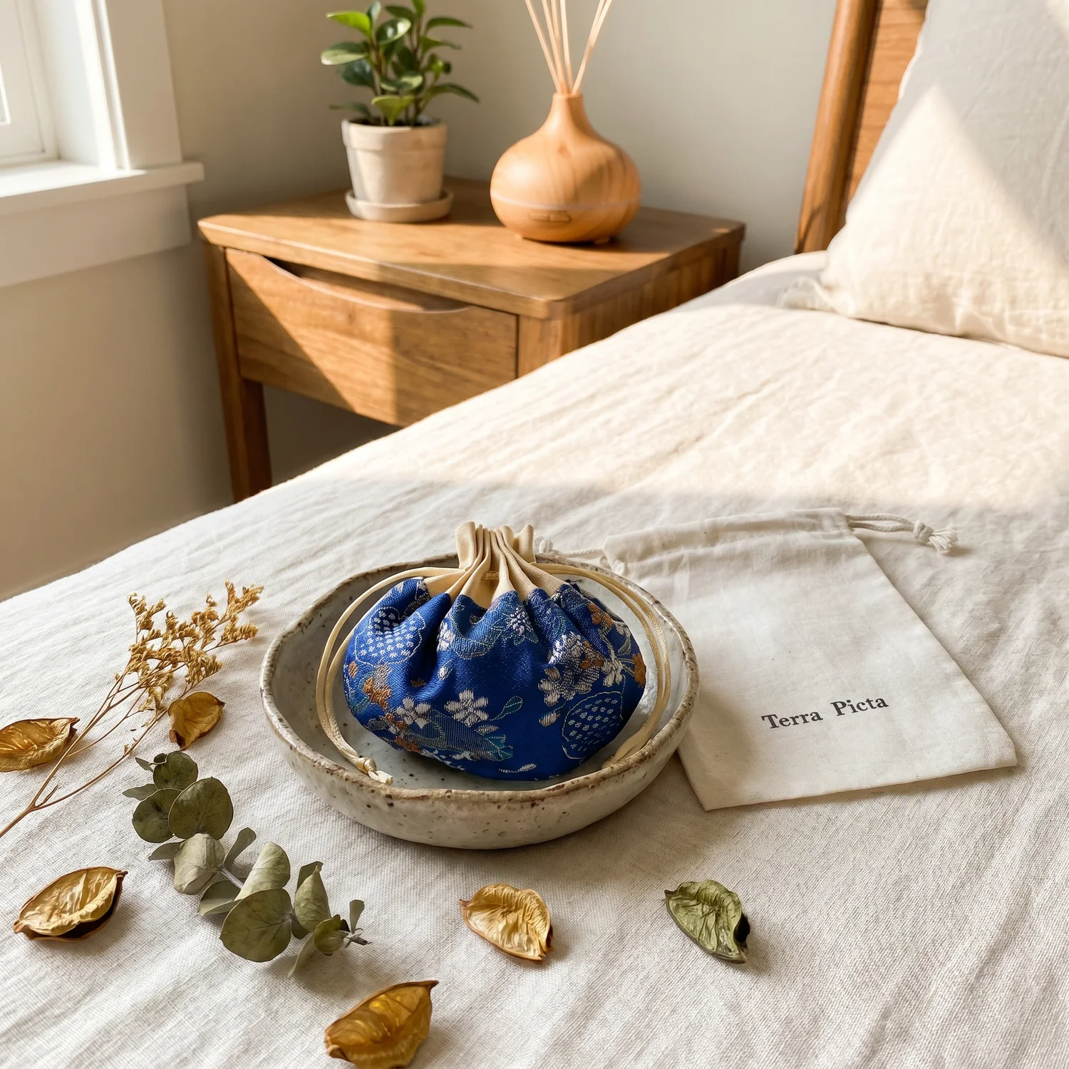 Terra Picta sachet placed in a calm bedroom setting