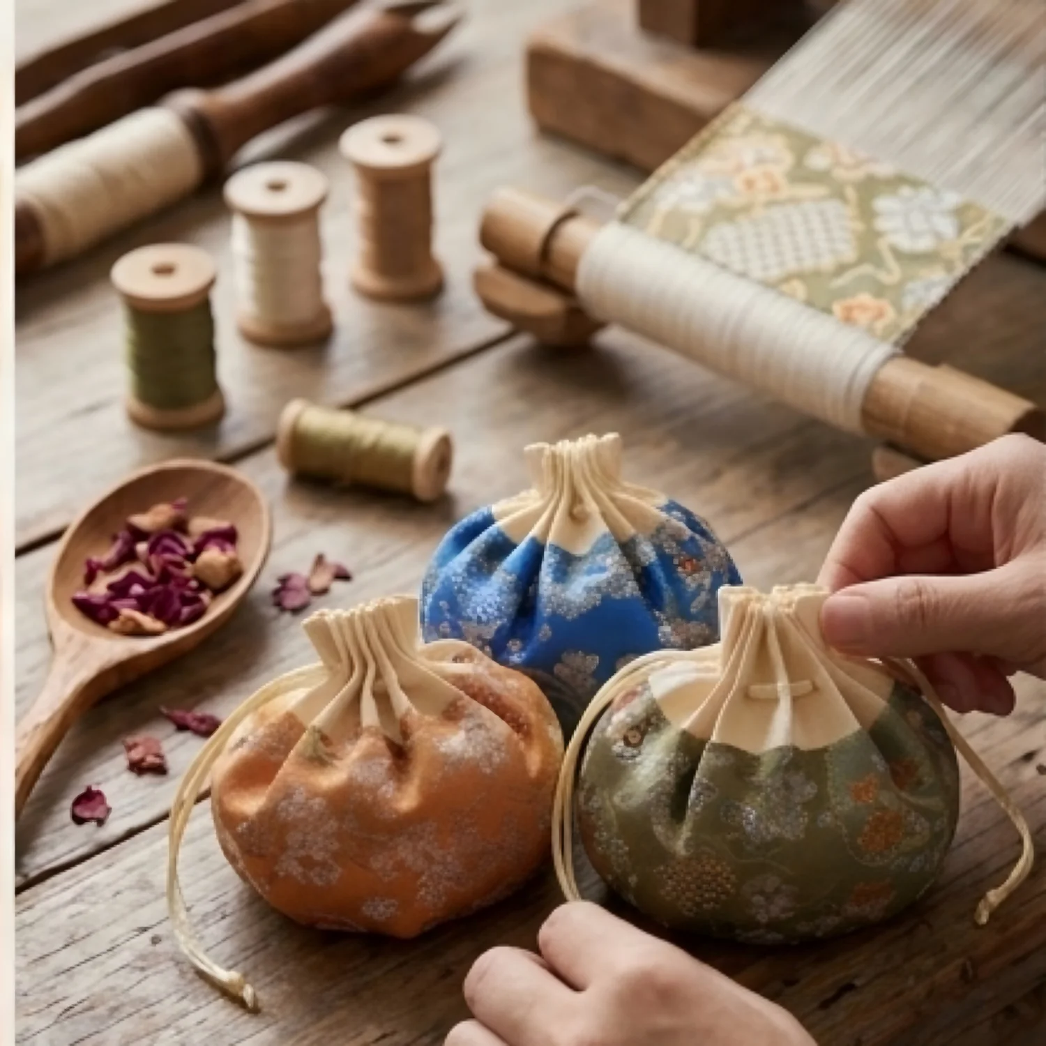 Hands arranging handmade Terra Picta sachets